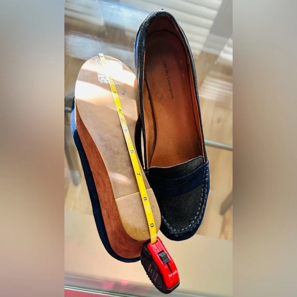 Anthropologie Navy Blue & Brown Suede Leather Penny Loafers - Picture 8 of 10